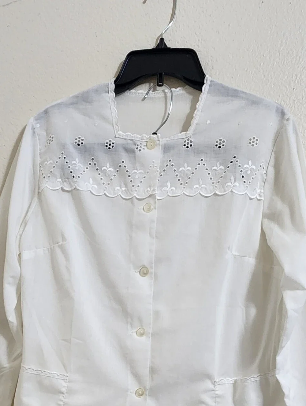 VTG 70s White Cotton Pajama Set M Embroidered Lace Eyelet Prairie Cottagecore